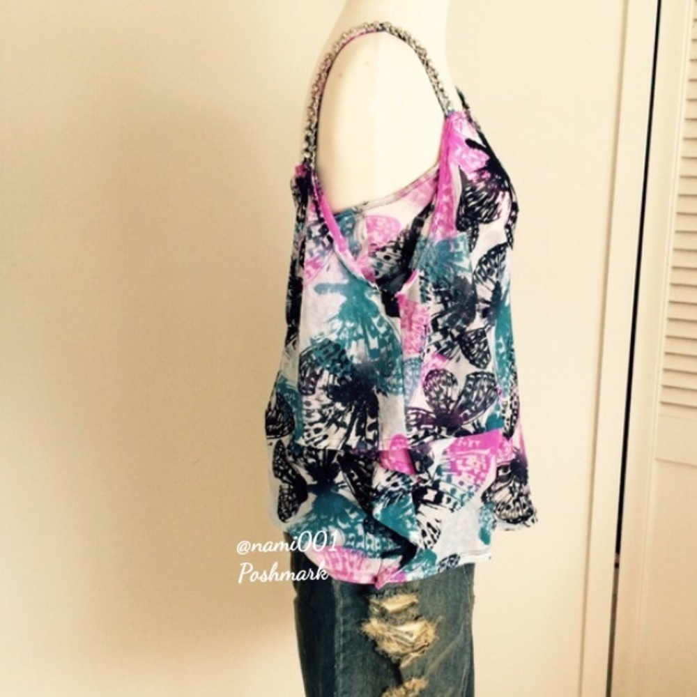 Pretty Floral Butterfly Print Cold Shoulder Bling Strap Top Blouse - Picture 4 of 4